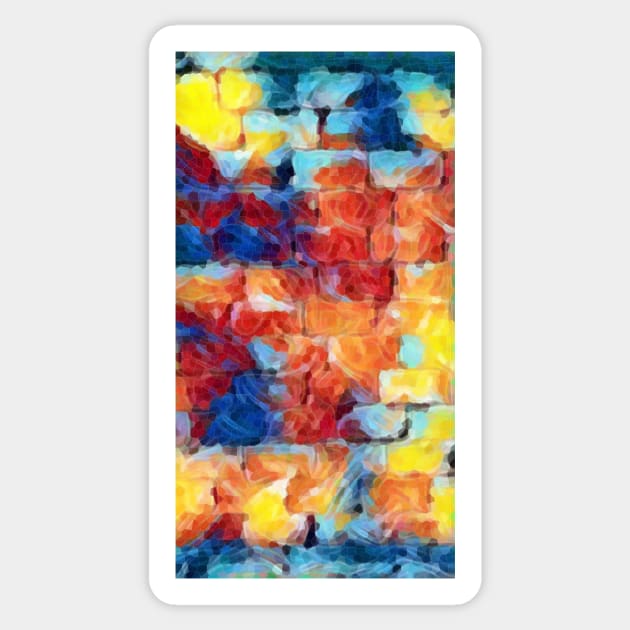 smoothly painted brick wall in blue yellow and red shades Sticker by mister-john